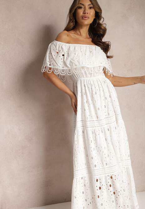 Biała Bawełniana Sukienka Hiszpanka z Ażurowymi Wstawkami Irinias