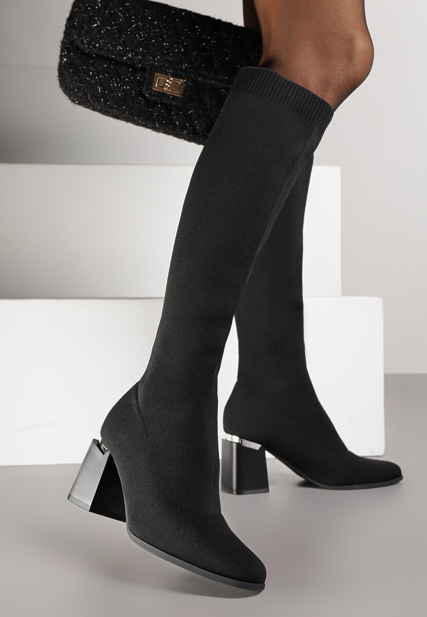 Czarne Klasyczne Kozaki VICES na Słupkowym Obcasie z Metaliczną Aplikacją Rannora