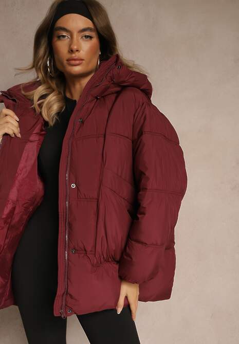 Bordowa Kurtka Oversize z Pikowanymi Przeszyciami i Kapturem Galeana