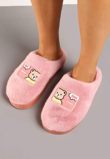 Ciemnoróżowe Futrzane Kapcie Vices na Platformie Ozdobione Naszywką Deofra