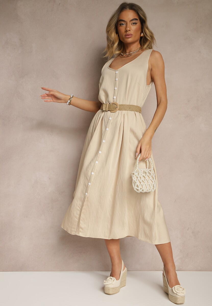 Ciemnobeżowa Rozkloszowana Sukienka z Wiskozy Ozdobiona Guzikami Nataviela