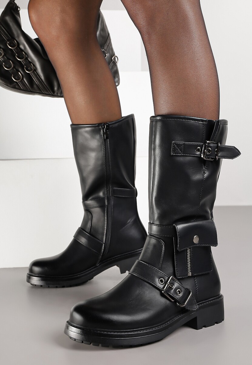 Czarne Botki Biker Boots Zdobione Klamerkami i Kieszonką Nalinnea