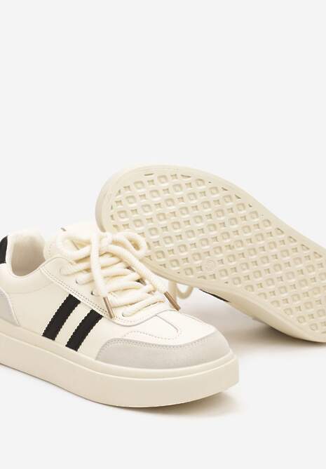 Beżowo-Czarne Sznurowane Sneakersy na Platformie Ozdobione Paskami Tialise