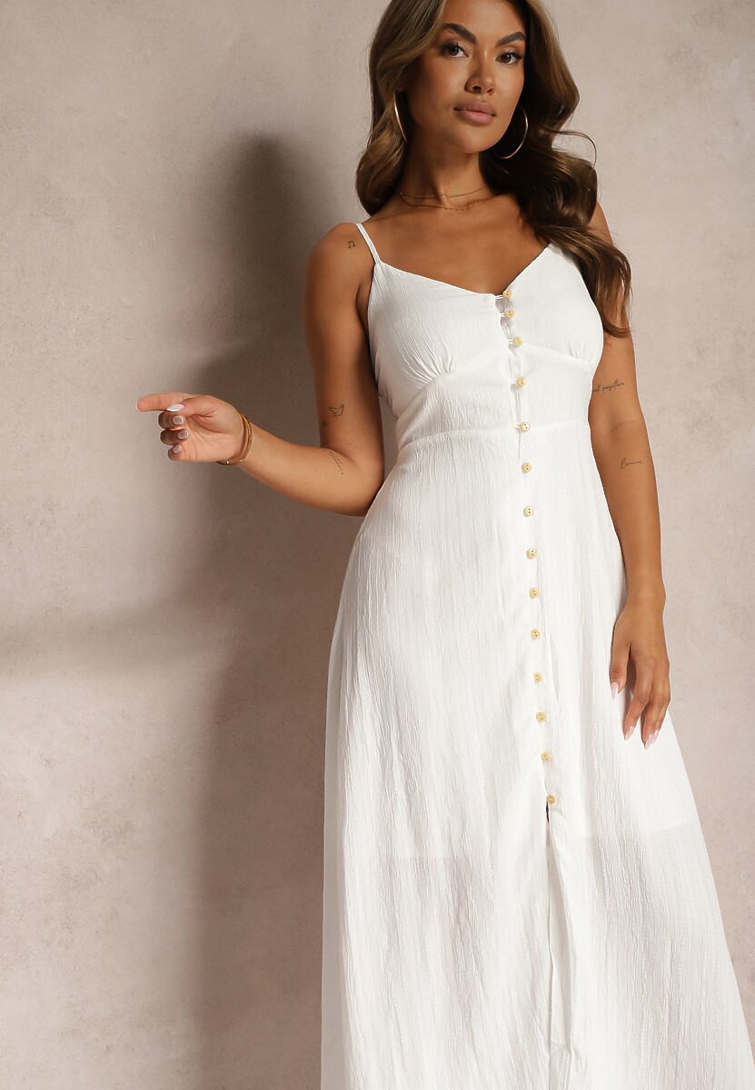 Biała Taliowana Sukienka na Guziki na Ramiączkach z Regulacją Quafea