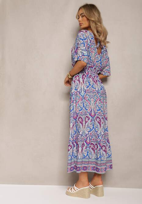 Niebiesko-Fuksjowa Wiskozowa Sukienka Maxi z Gumką w Pasie Ozdobiona Wzorem Paisley Larite