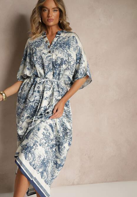 Niebieska Sukienka Oversize z Wiskozą i Abstrakcyjnym Motywem Lunisana