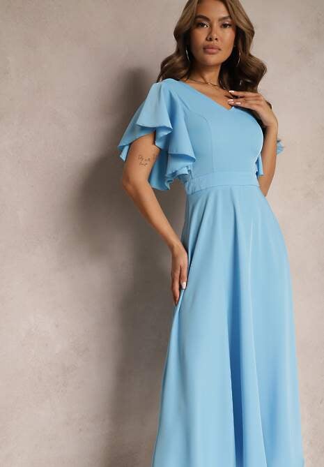 Niebieska Sukienka o Rozkloszowanym Kroju z Falbanami Bouchard