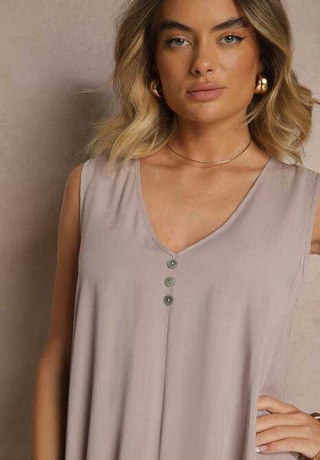 Jasnoszara Bawełniana Sukienka o Rozkloszowanym Kroju z Guzikami Folaisa