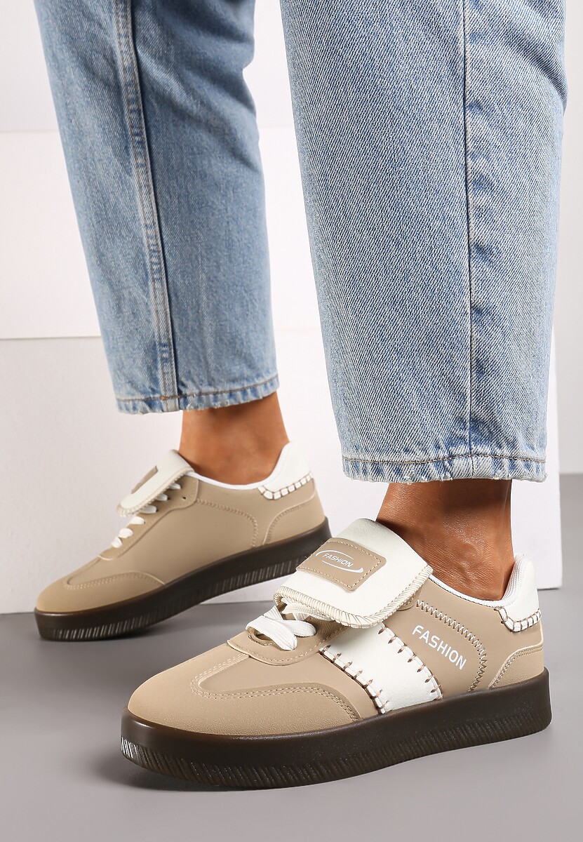 Ciemnobeżowe Sneakersy na Platformie z Kontrastującymi Detalami i Wywiniętym Językiem Amirila