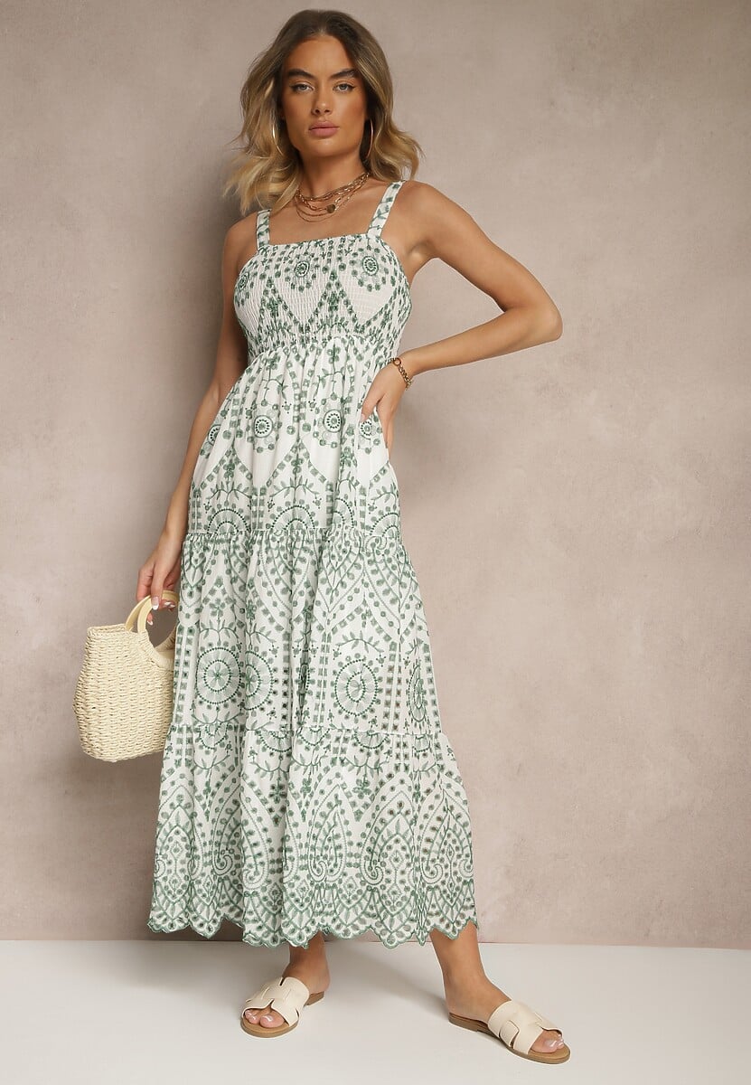 Zielono-Biała Sukienka z Bawełny z Haftowanym Wzorem Sadiralle