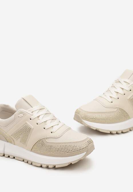 Beżowe Sneakersy Ozdobione Cyrkoniami na Podeszwie z Wycięciami Larzive