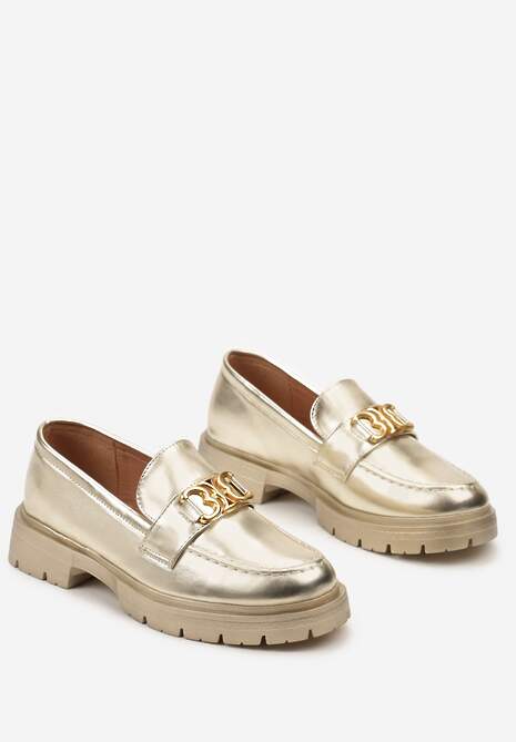 Złote Eleganckie Mokasyny Ozdobione Klamerką i Przeszyciem z Przodu Nastra
