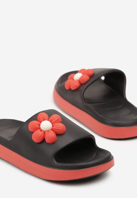 Czarno-Czerwone Klapki Piankowe Basenowe z Aplikacją Kwiatka Glemissea