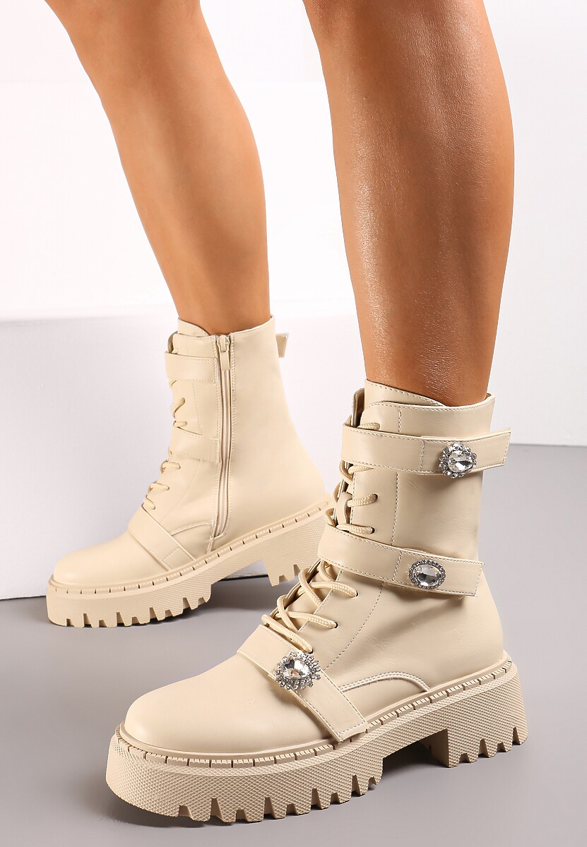Beżowe Workery Botki z Rzepami Ozdobione Klamerkami z Cyrkonami Sotina