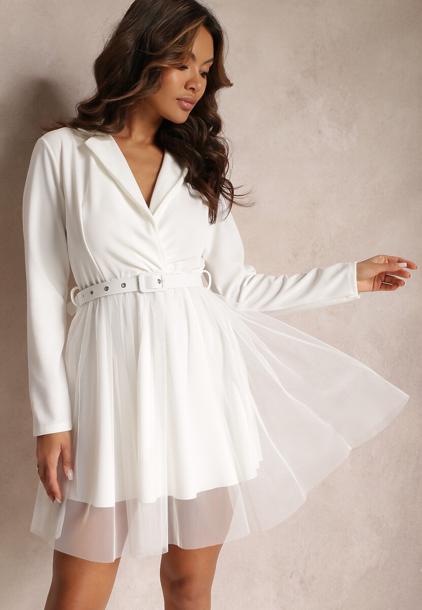 Jasnobeżowa Sukienka z Kopertowym Dekoltem i Tiulowym Dołem z Paskiem Kailana