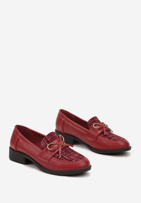 Bordowe Mokasyny na Płaskiej Podeszwie z Tweedowym Noskiem z Metaliczną Nicią i Kokardką Virorae