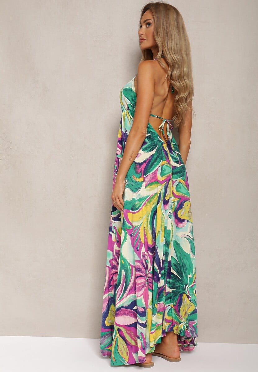 Zielono-Fioletowa Wiskozowa Sukienka Wiązana na Plecach i Szyi z Odcięciem pod Biustem Peridia