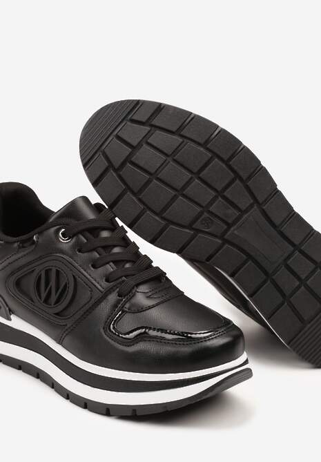 Czarne Sneakersy na Platformie ze Sznurowaniem i Ozdobą Arivania