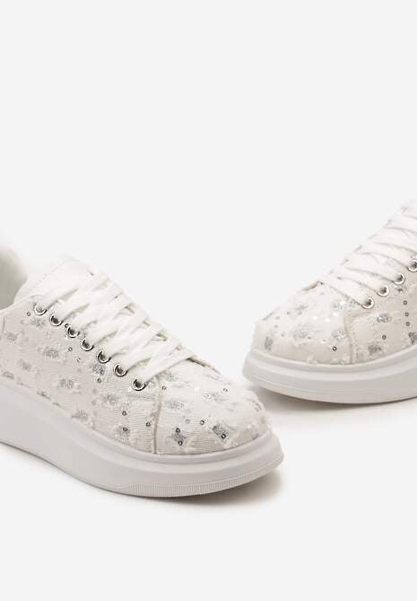 Beżowe Sneakersy na Platformie Ozdobione Metaliczną Wstawką Przetarciami oraz Brokatem Sorlina