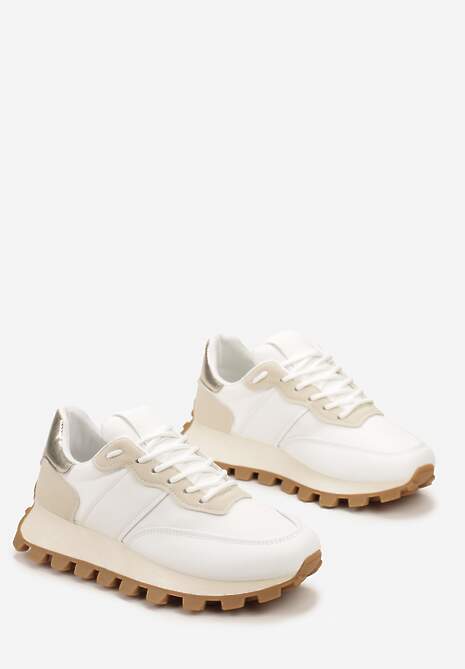 Biało-Beżowe Sneakersy z Przeszyciami na Grubej Podeszwie ze Żłobieniem Vetilassa