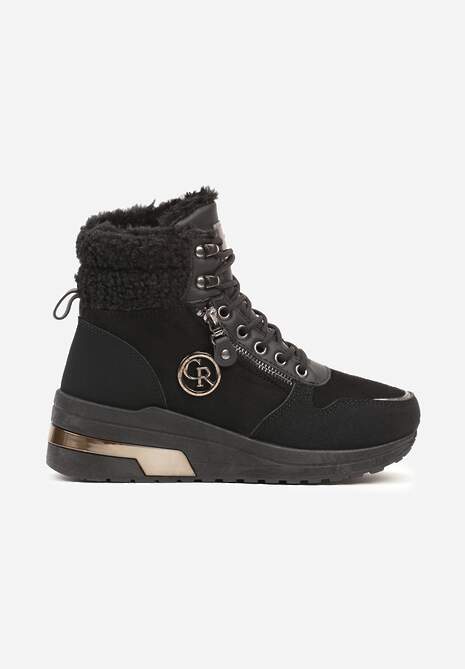 Czarne Sneakersy na Koturnie za Kostkę z Metaliczną Ozdobą i Suwakiem Sinelara