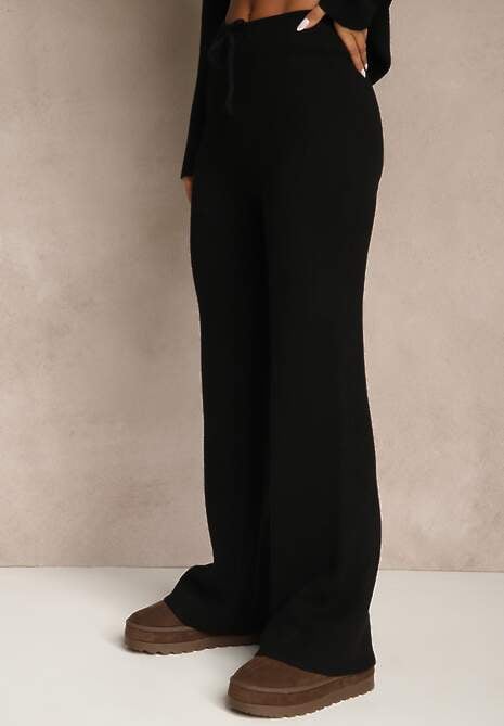 Czarne Dzianinowe Spodnie Wide Leg z Ociepleniem Miosea