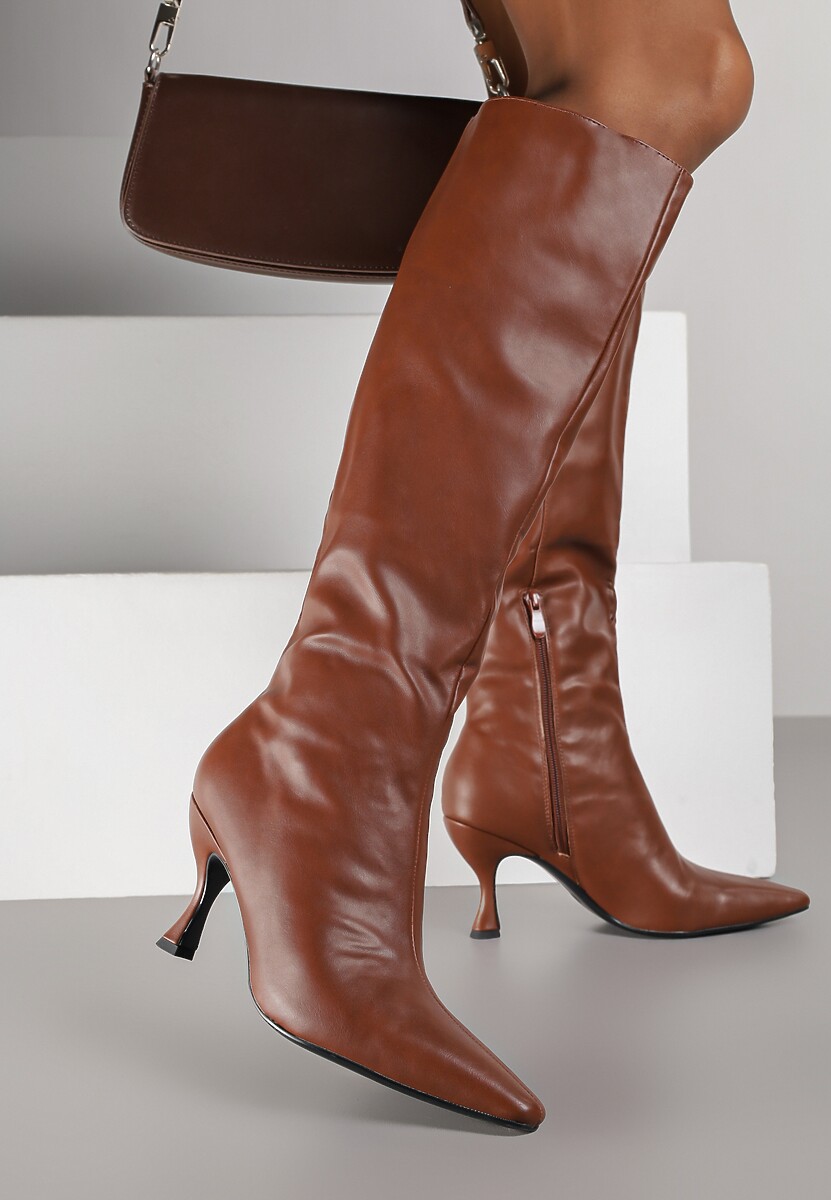 Brązowe Marszczone Kozaki Vices na Obcasie Typu Kaczuszka Miomadia