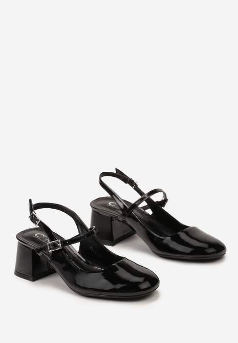 Czarne Lakierowane Czółenka na Słupku Zapinane na Dwa Paseczki Budovica