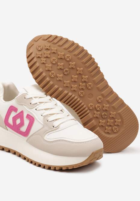 Beżowo-Różowe Sneakersy na Niskiej Platformie Zdobione Aplikacją Alimrela