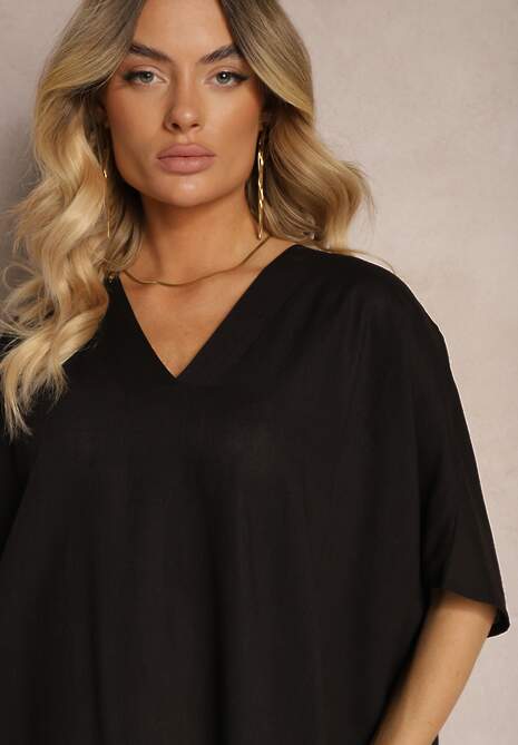 Czarna Pudełkowa Sukienka z Bawełny z Krótkim Rękawem i Trójkątnym Dekoltem Vikana