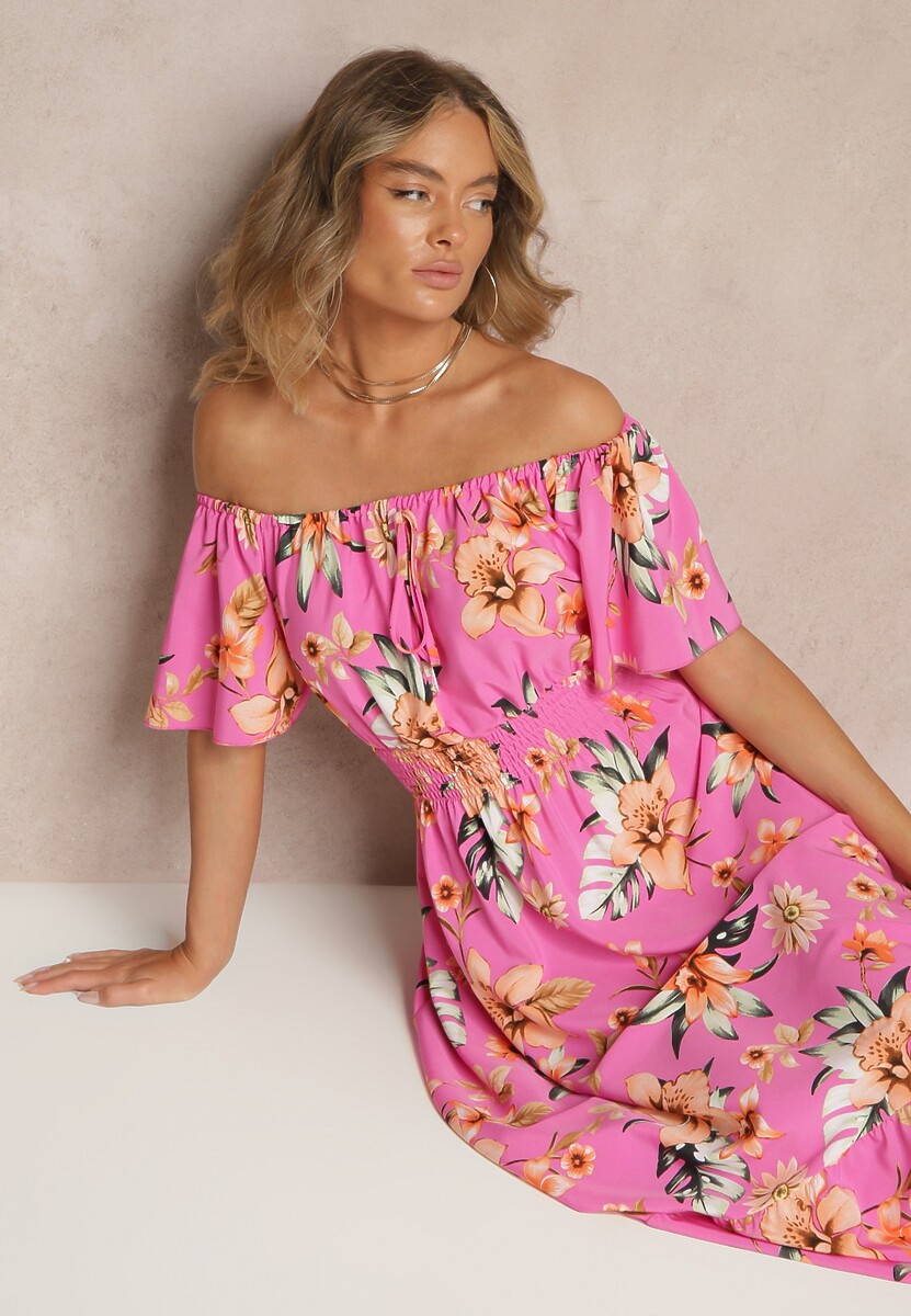 Fuksjowa Sukienka Hiszpanka w Kwiaty z Gumką w Pasie Deviela