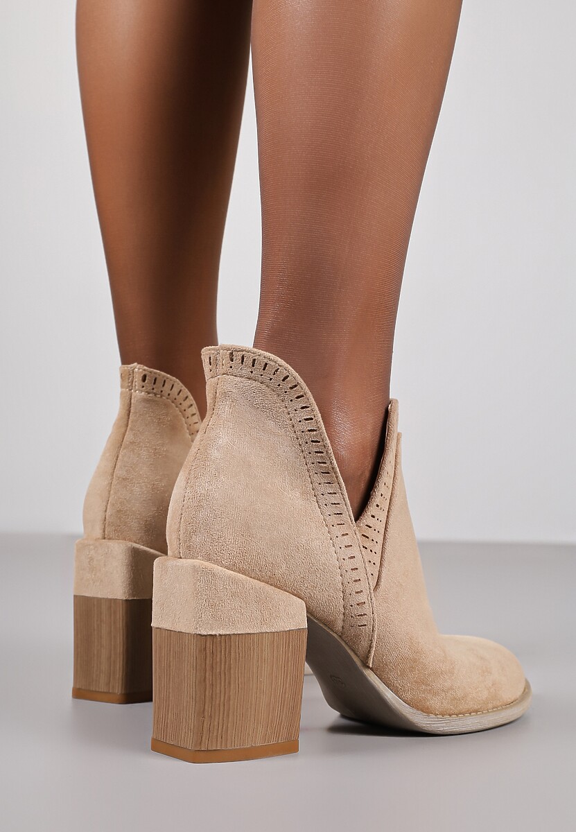 Ciemnobeżowe Ażurowe Botki na Słupku Neveli