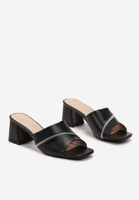 Czarne Klapki na Obcasie z Lamówką z Cyrkonii na Szerokim Pasku Ulmira