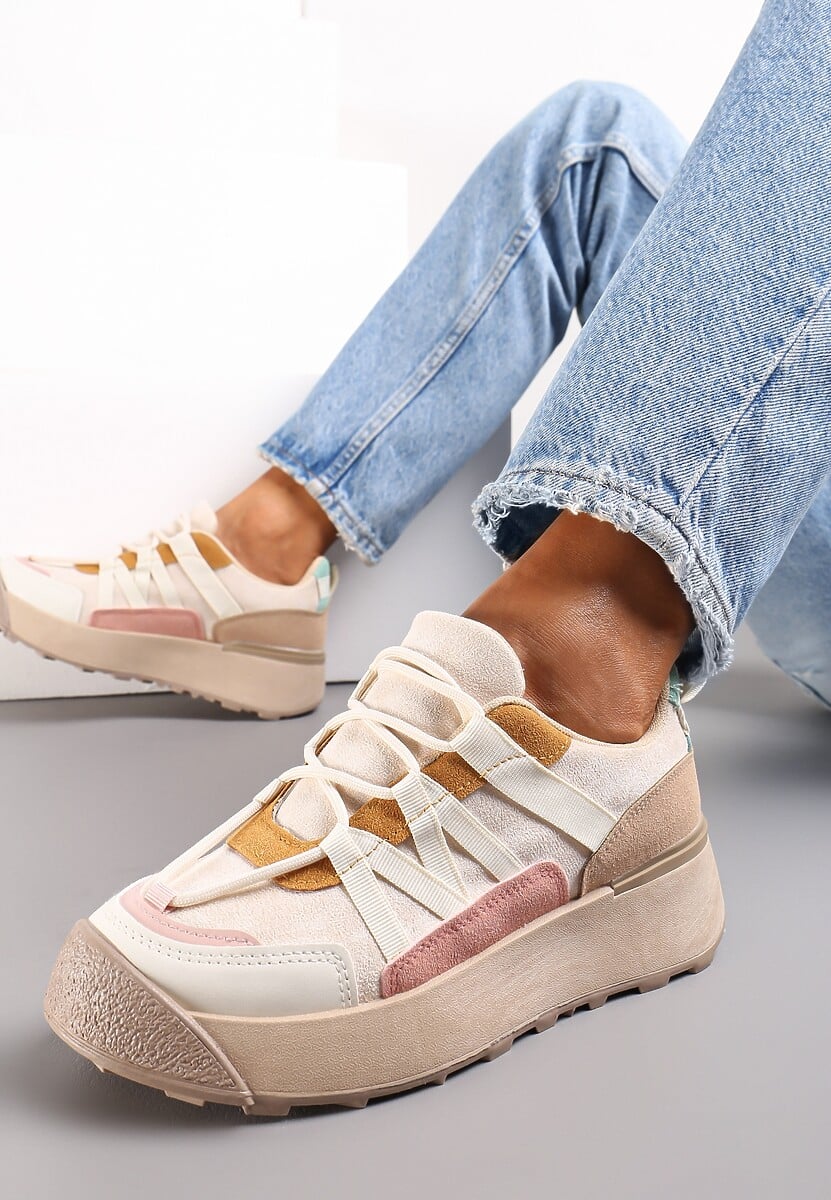 Beżowe Sznurowane Płaskie Sneakersy z Kolorowymi Wstawkami z Ekoskóry Wonise