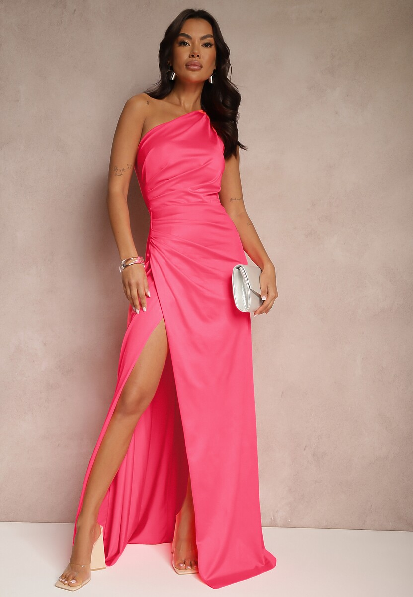 Różowa Marszczona Sukienka o Asymetrycznym Kroju z Rozcięciem Taliona