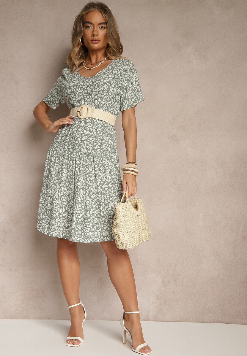 Zielona Rozkloszowana Sukienka z Bawełną w Kwiaty Mevazia