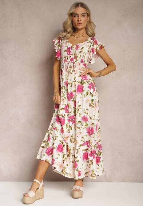 Jasnobeżowa Wiskozowa Sukienka w Kwiatowy Print Rozkloszowana Maxi Veradisia