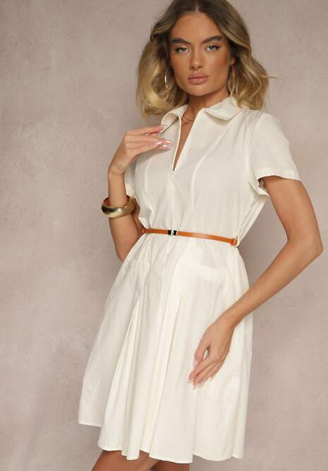 Beżowa Sukienka Koszulowa z Cienkim Paskiem w Talii Weolessa