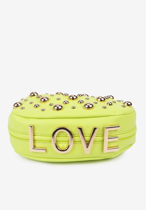 Zielona Torebka Baguette z Napisem Love Łańcuszkiem i Wypukłymi Nitami Teresiel