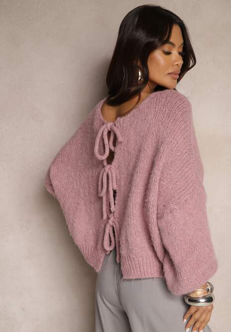 Różowy Kardigan z Wełną o Kroju Oversize z Wiązanymi Kokardami Elearina