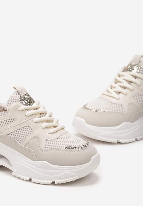 Beżowe Sneakersy na Grubej Podeszwie z Siateczką i Błyszczącymi Detalami Xernnia