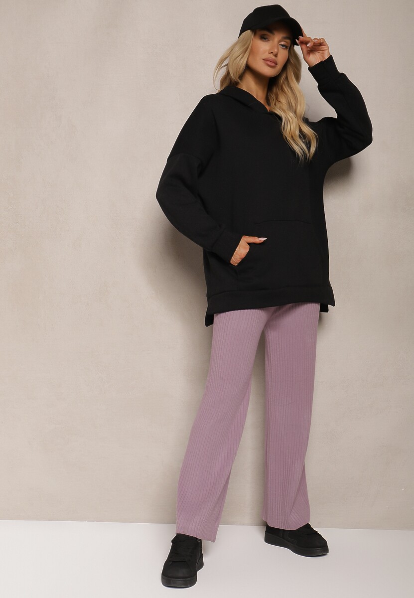 Fioletowe Dzianinowe Spodnie w Prążki z Gumką w Pasie i Szerokimi Nogawkami Florresta