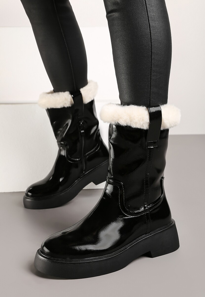 Czarne Lakierowane Botki z Futerkiem na Krawędzi Cholewki Sialaris