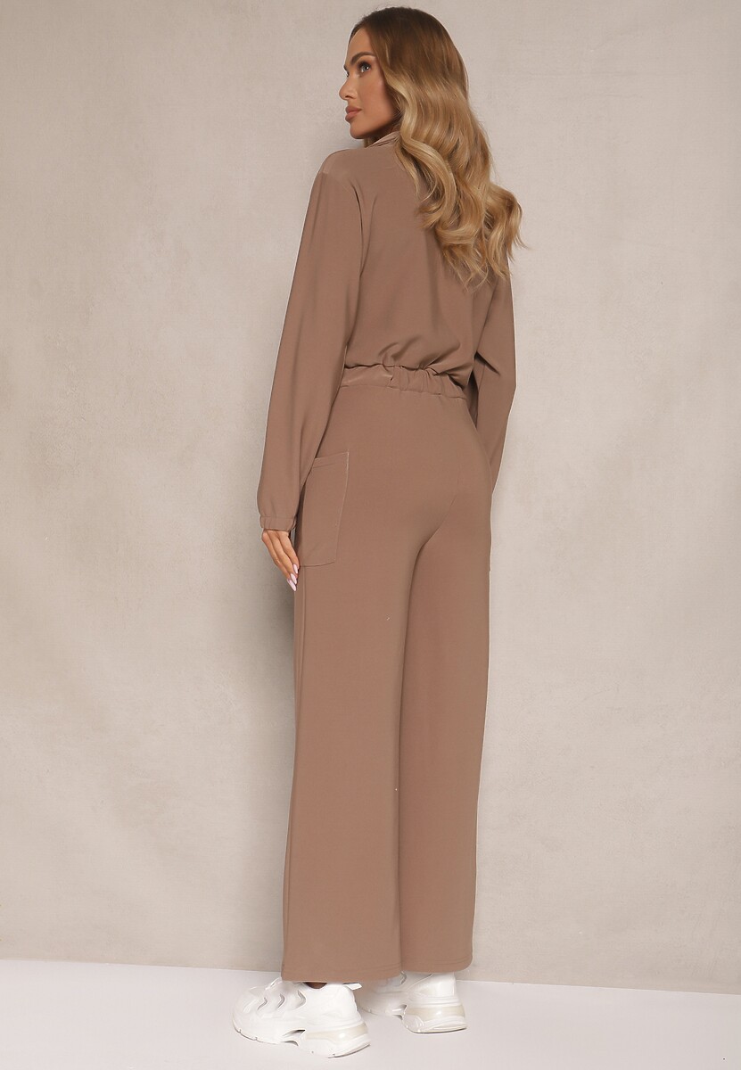 Brązowy Kombinezon z Elastyczną Gumką w Pasie z Dodatkowym Wiązaniem o Luźnym Kroju Creera