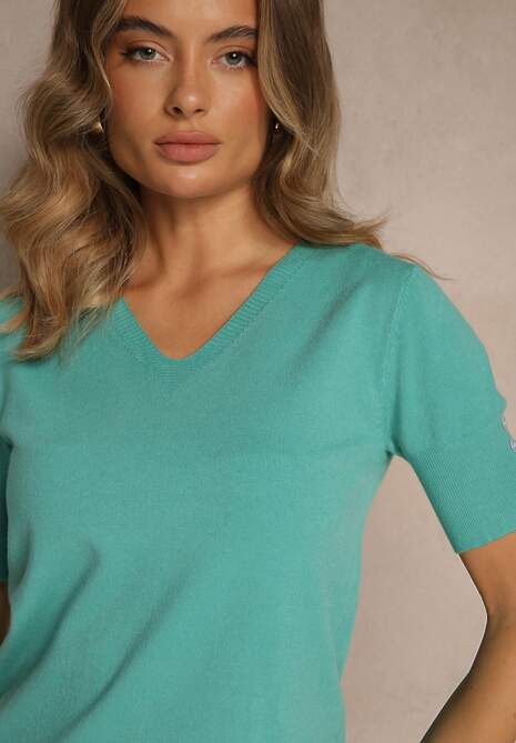 Zielona Bluzka z Dzianiny z Dekoltem w Kształcie Litery V Fenelesa