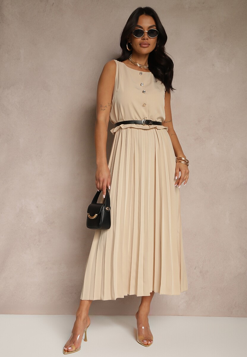 Ciemnobeżowa Plisowana Sukienka o Rozkloszowanym Kroju Bez Rękawów z Paskiem z Klamrą Iffule