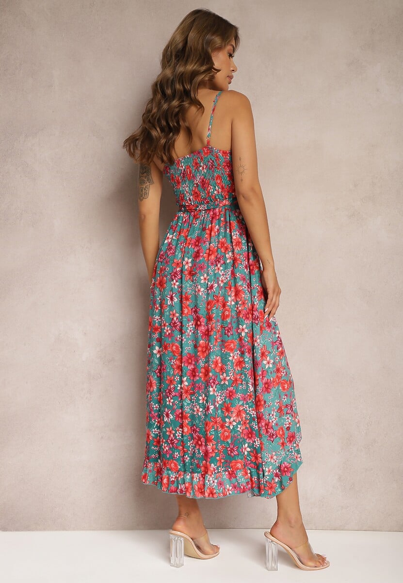 Zielono-Czerwona Kopertowa Sukienka z Bawełny w Kwiaty na Ramiączkach Rissanda