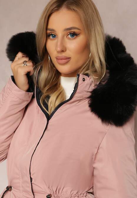 Różowa Dwustronna Kurtka ze Ściągaczem i Kapturem z Futerkiem Divya
