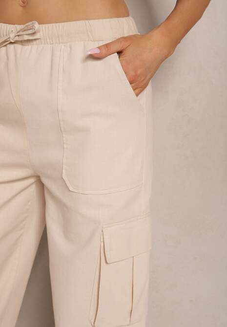 Beżowe Spodnie z Bawełny o Szerokim Kroju Cargo High Waist Katienne