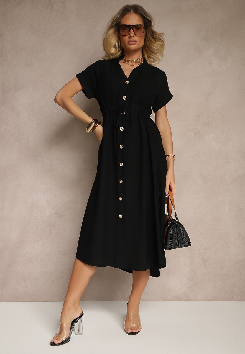Czarna Wiskozowa Sukienka Koszulowa z Guzikami i Wiązaniem w Talii Velazia